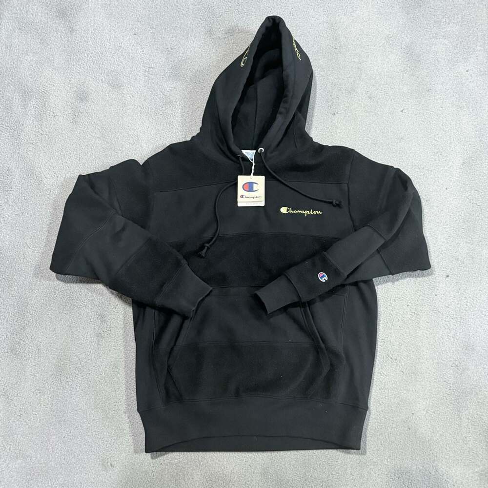 Champion Reverse Weave Panel Stripe Hood Black Gold Mens Medium